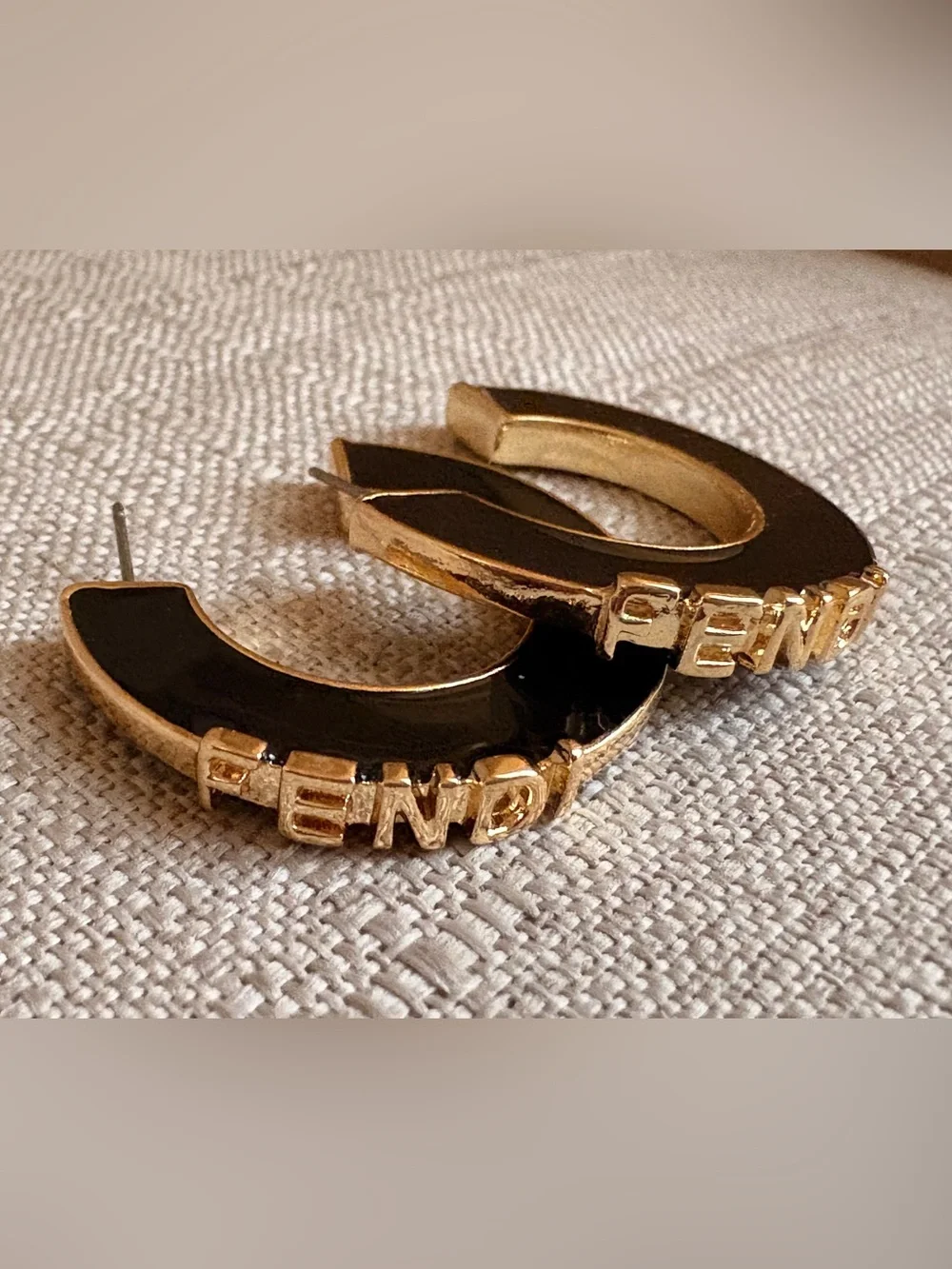 Fendi Black and Gold Logo Hoop Earrings - Picture 1 of 6